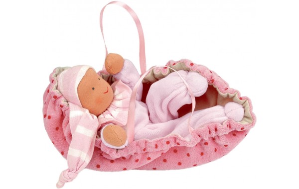 Organic pink baby doll with carrier