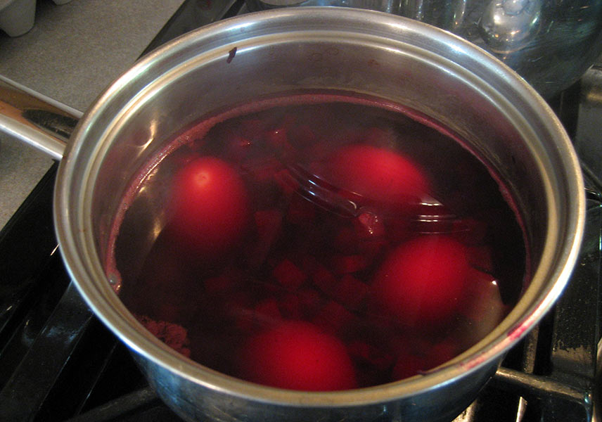 Pink eggs dyed with red beets